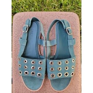 J. Crew Teal Suede Slingback Flat Sandals With Grommets Sz 9